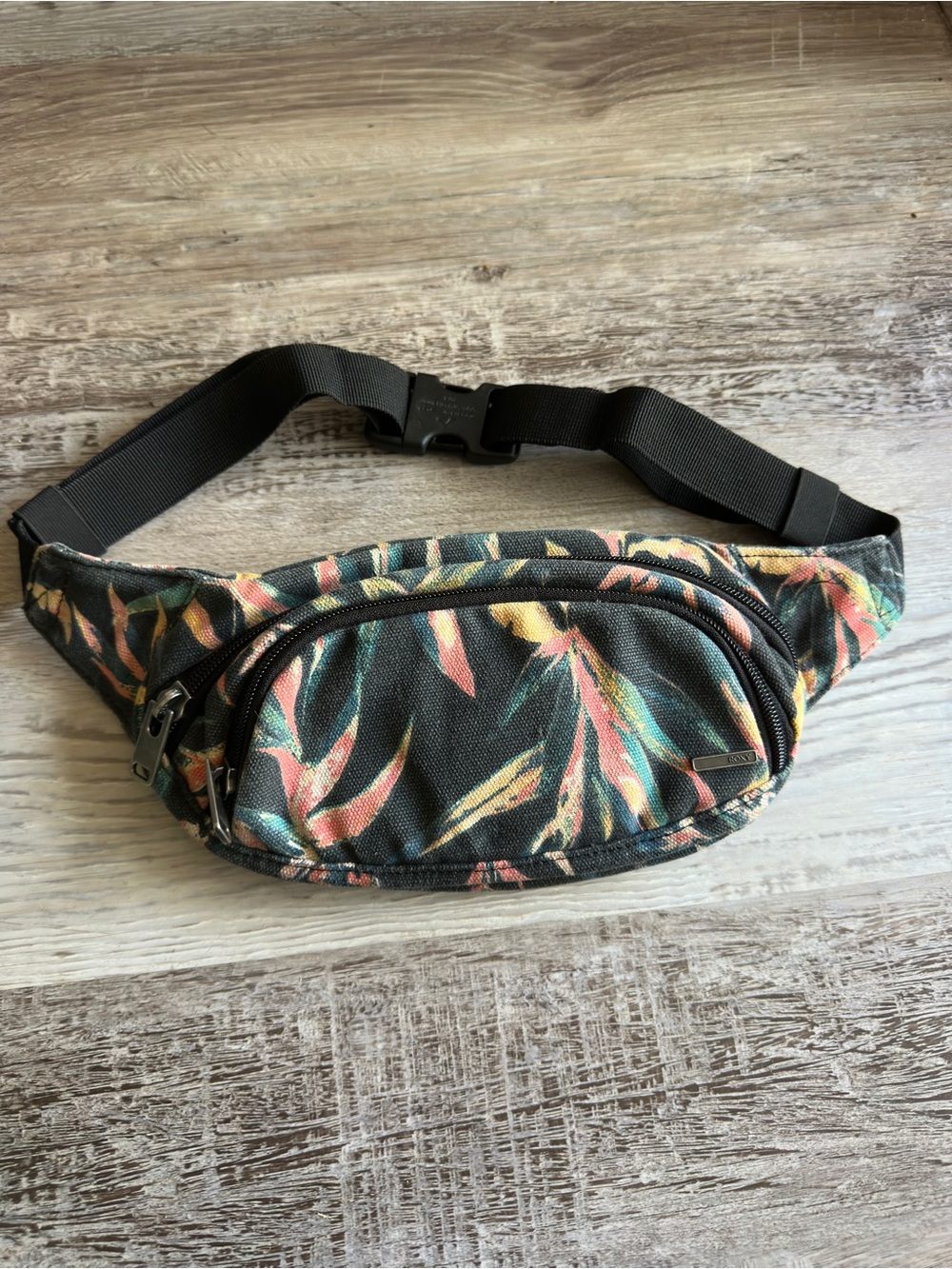 Roxy Black Canvas Waist Pack with Multicolor Leaf Print